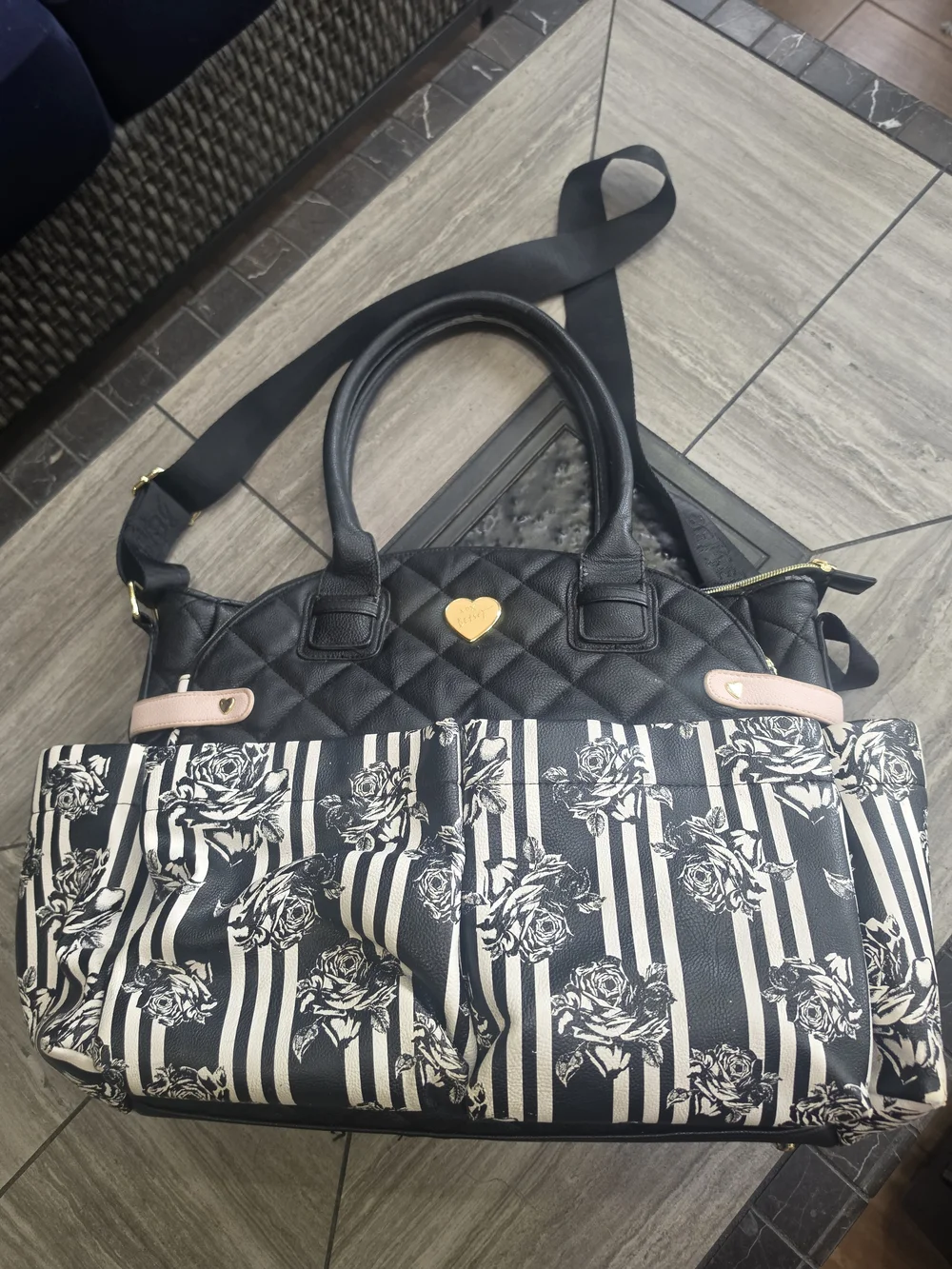 Betsey Johnson Black Quilted Tote with Floral Stripe Pockets and Pink Accents